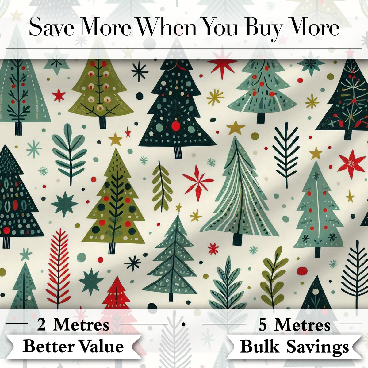 Scandi Christmas Trees Geometric Red Green Snowflakes Seamless Pattern Digital Print Fabric by the Metre UK Sewing Quilting Textile