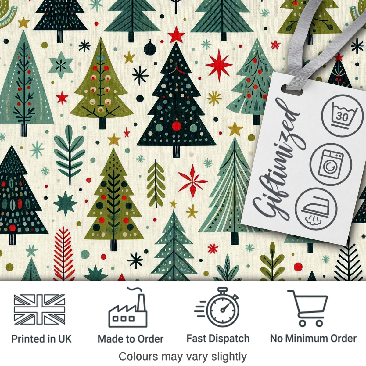 Scandi Christmas Trees Geometric Red Green Snowflakes Seamless Pattern Digital Print Fabric by the Metre UK Sewing Quilting Textile