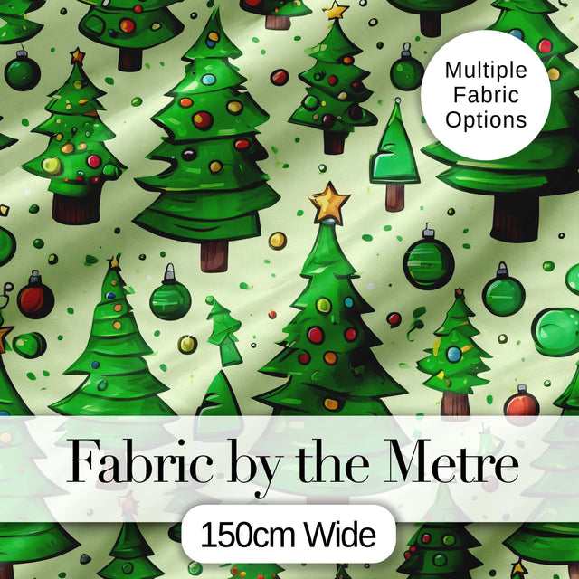 Cartoon Christmas Trees Green Ornaments Cute Holiday Seamless Pattern Digital Print Fabric by the Metre UK Sewing Quilting Textile