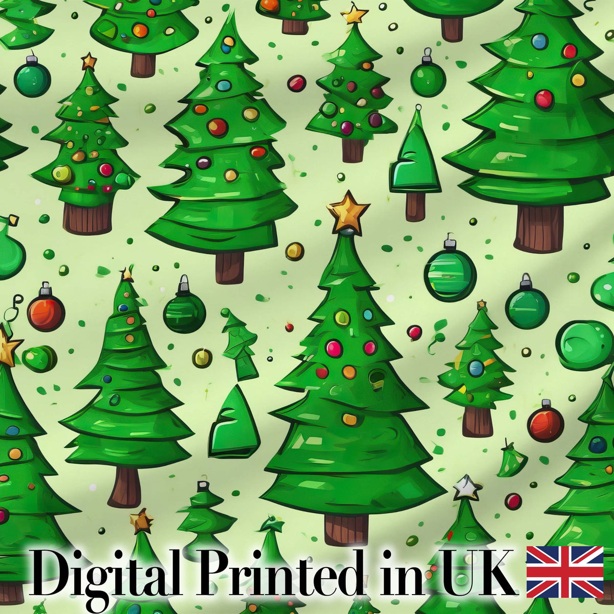 Cartoon Christmas Trees Green Ornaments Cute Holiday Seamless Pattern Digital Print Fabric by the Metre UK Sewing Quilting Textile