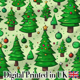 Cartoon Christmas Trees Green Ornaments Cute Holiday Seamless Pattern Digital Print Fabric by the Metre UK Sewing Quilting Textile