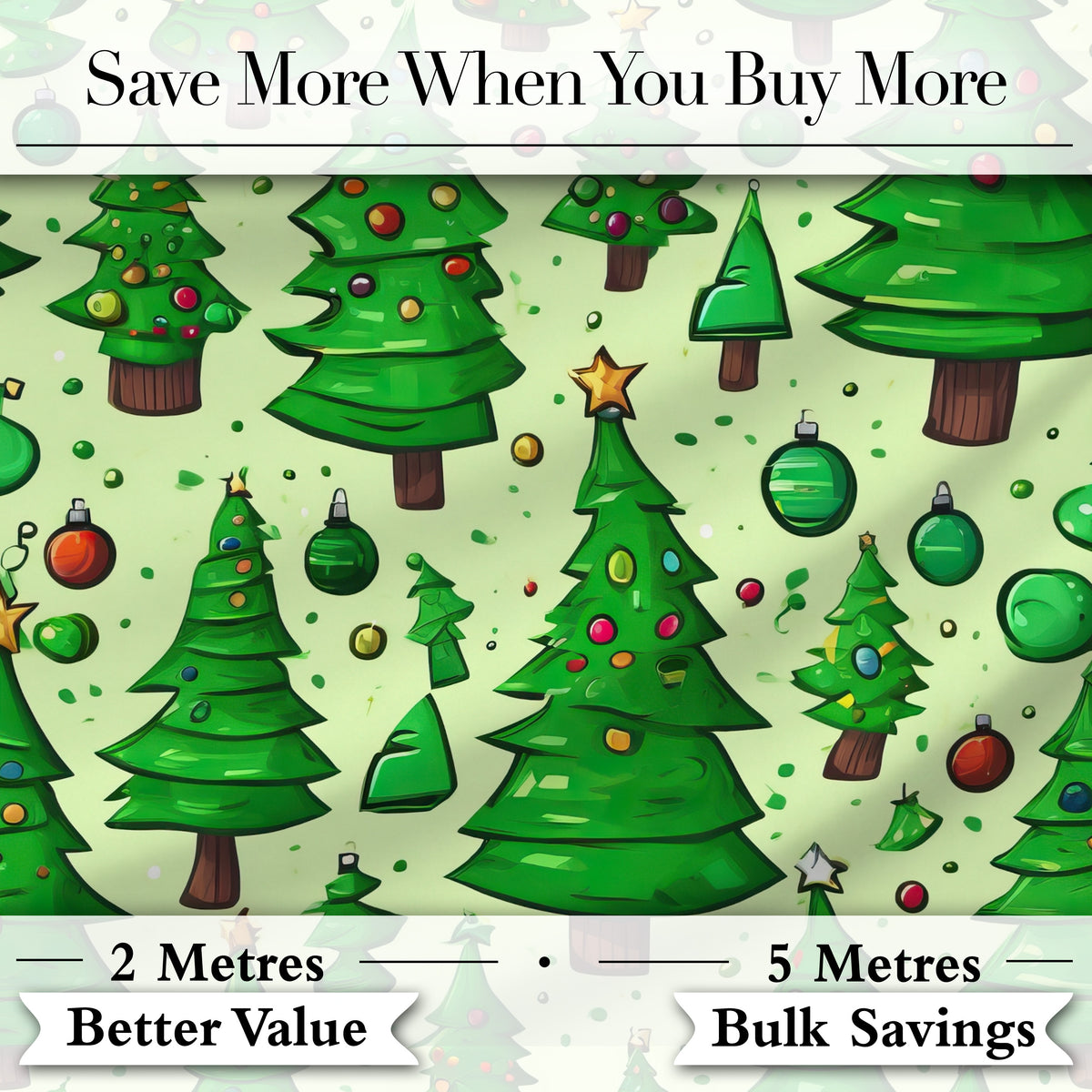 Cartoon Christmas Trees Green Ornaments Cute Holiday Seamless Pattern Digital Print Fabric by the Metre UK Sewing Quilting Textile
