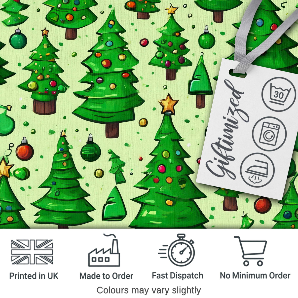 Cartoon Christmas Trees Green Ornaments Cute Holiday Seamless Pattern Digital Print Fabric by the Metre UK Sewing Quilting Textile