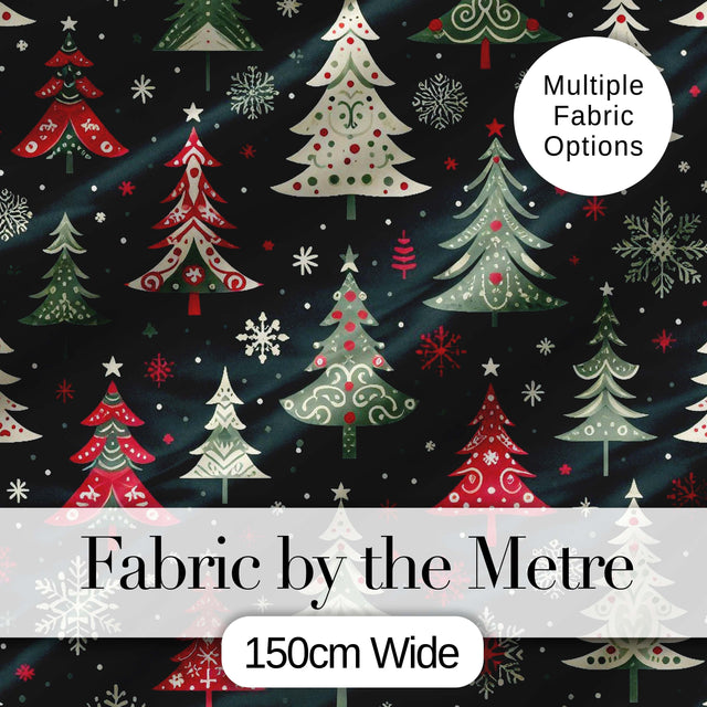 Nordic Christmas Trees Red White Green Snowflakes Festive Seamless Pattern Digital Print Fabric by the Metre UK Sewing Quilting Textile