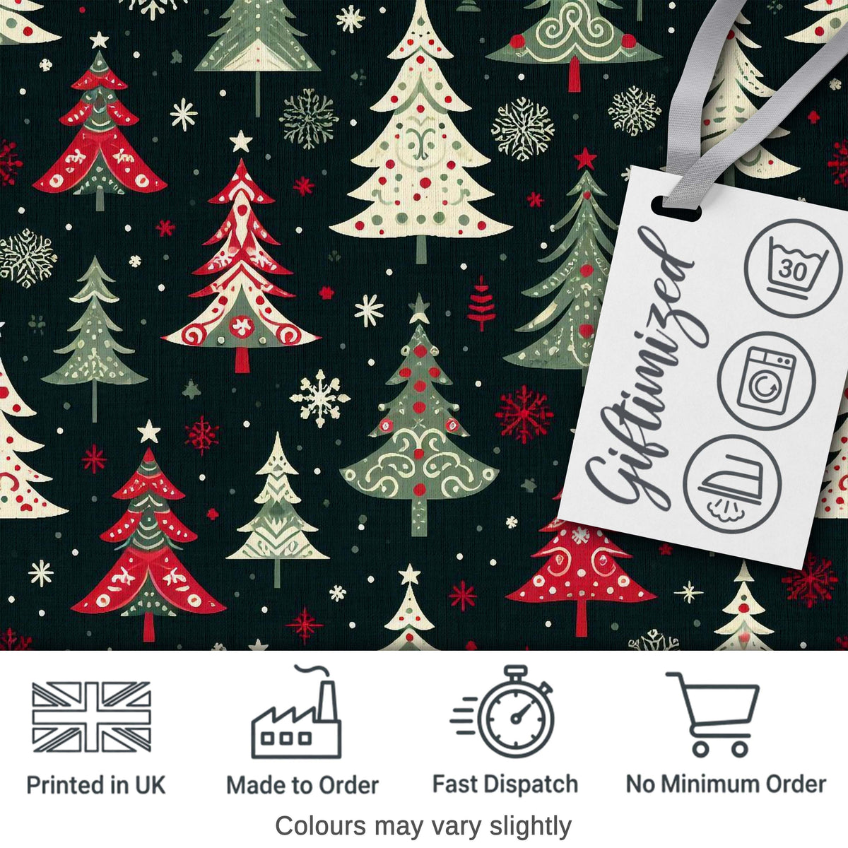 Nordic Christmas Trees Red White Green Snowflakes Festive Seamless Pattern Digital Print Fabric by the Metre UK Sewing Quilting Textile