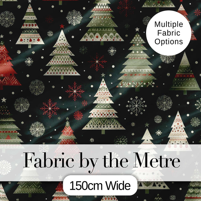 Scandi Christmas Trees Snowflakes Red Green Dark Background Seamless Pattern Digital Print Fabric by the Metre UK Sewing Quilting Textile