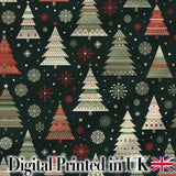 Scandi Christmas Trees Snowflakes Red Green Dark Background Seamless Pattern Digital Print Fabric by the Metre UK Sewing Quilting Textile