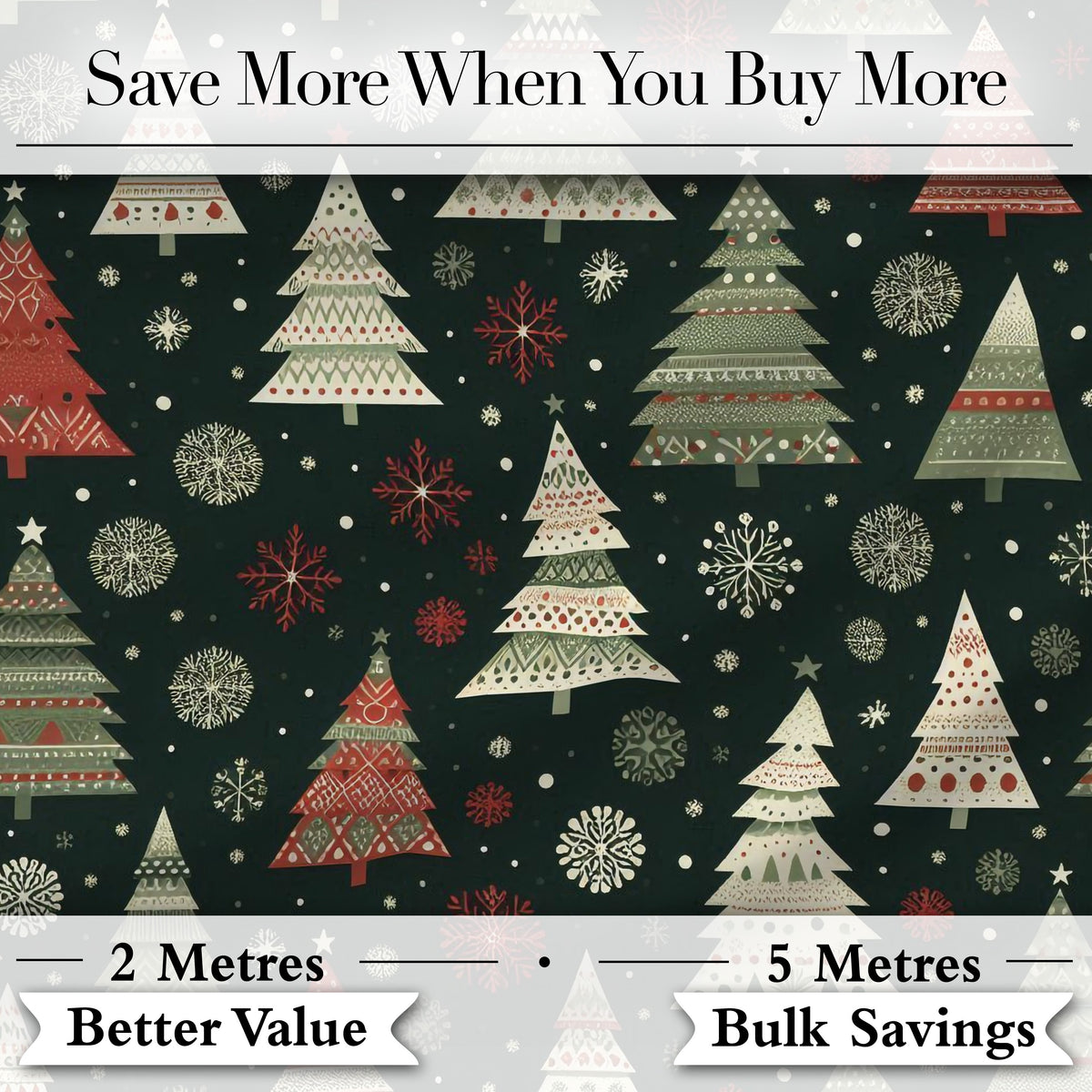 Scandi Christmas Trees Snowflakes Red Green Dark Background Seamless Pattern Digital Print Fabric by the Metre UK Sewing Quilting Textile