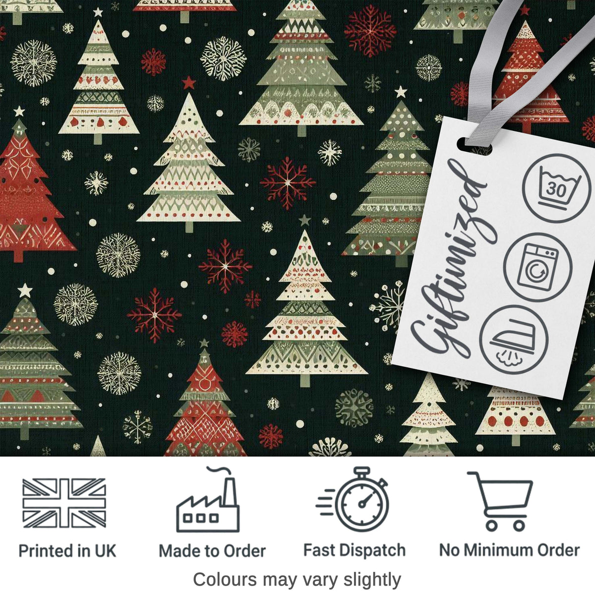 Scandi Christmas Trees Snowflakes Red Green Dark Background Seamless Pattern Digital Print Fabric by the Metre UK Sewing Quilting Textile