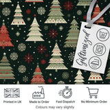 Scandi Christmas Trees Snowflakes Red Green Dark Background Seamless Pattern Digital Print Fabric by the Metre UK Sewing Quilting Textile