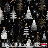 Luxury Christmas Trees Black Gold Silver Glitter Stars Seamless Pattern Digital Print Fabric by the Metre UK Sewing Quilting Textile