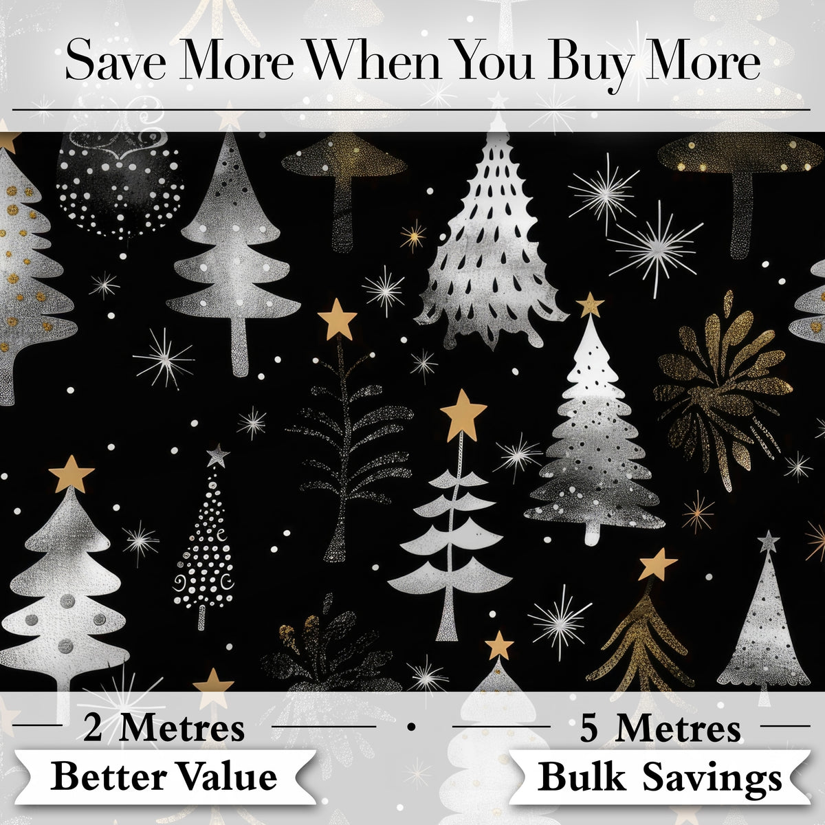 Luxury Christmas Trees Black Gold Silver Glitter Stars Seamless Pattern Digital Print Fabric by the Metre UK Sewing Quilting Textile