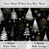 Luxury Christmas Trees Black Gold Silver Glitter Stars Seamless Pattern Digital Print Fabric by the Metre UK Sewing Quilting Textile