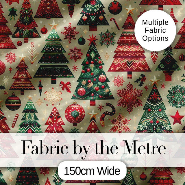 Vintage Christmas Trees Ornaments Red Green Holiday Seamless Pattern Digital Print Fabric by the Metre UK Sewing Quilting Textile