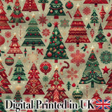 Vintage Christmas Trees Ornaments Red Green Holiday Seamless Pattern Digital Print Fabric by the Metre UK Sewing Quilting Textile