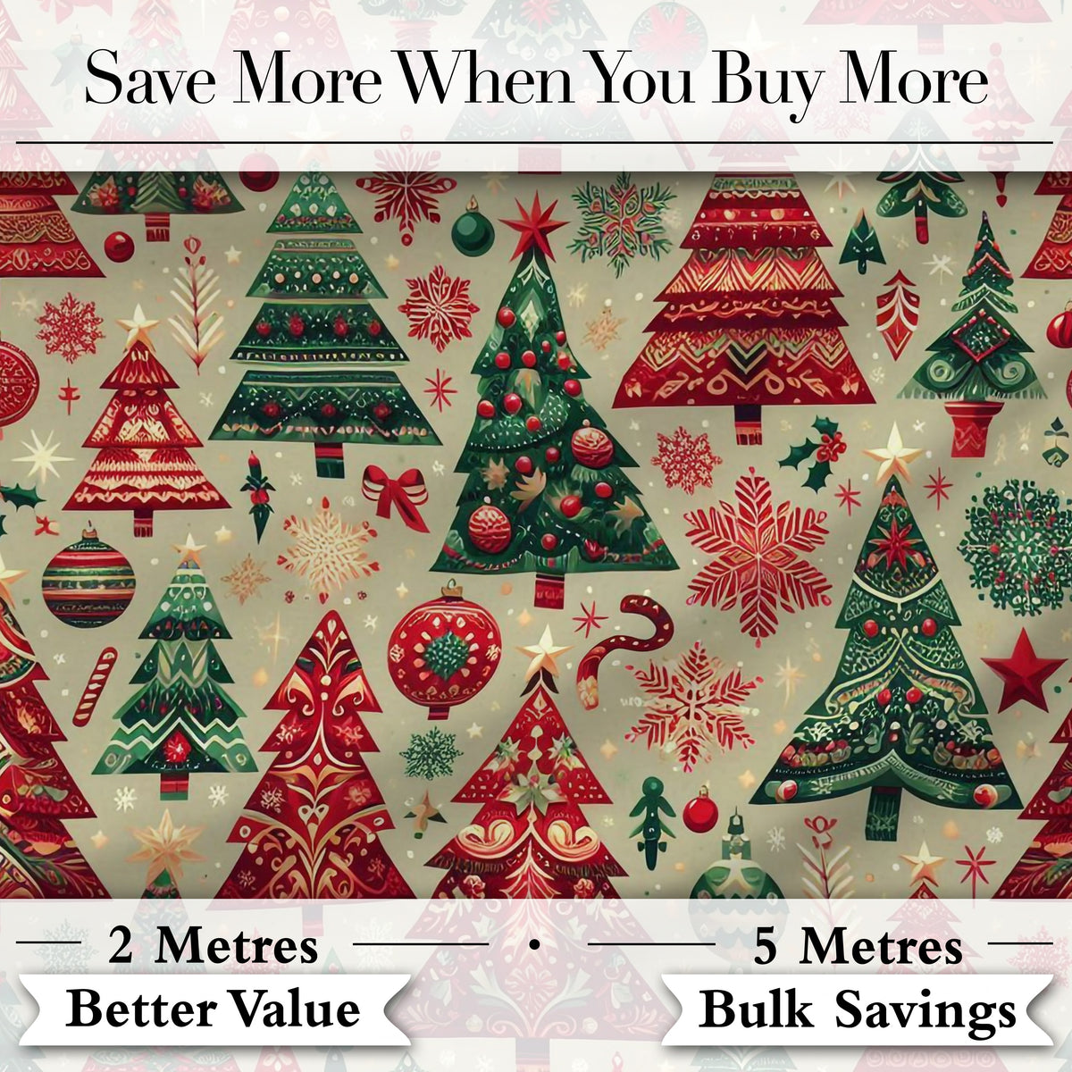 Vintage Christmas Trees Ornaments Red Green Holiday Seamless Pattern Digital Print Fabric by the Metre UK Sewing Quilting Textile