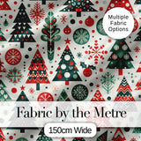 Scandi Christmas Trees Ornaments Red Green Festive Seamless Pattern Digital Print Fabric by the Metre UK Sewing Quilting Textile