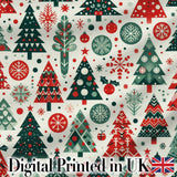 Scandi Christmas Trees Ornaments Red Green Festive Seamless Pattern Digital Print Fabric by the Metre UK Sewing Quilting Textile