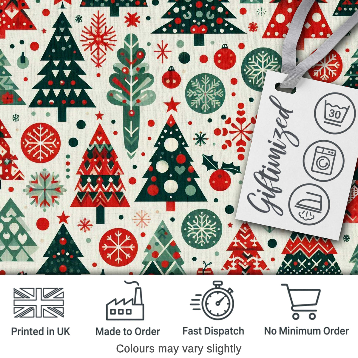 Scandi Christmas Trees Ornaments Red Green Festive Seamless Pattern Digital Print Fabric by the Metre UK Sewing Quilting Textile