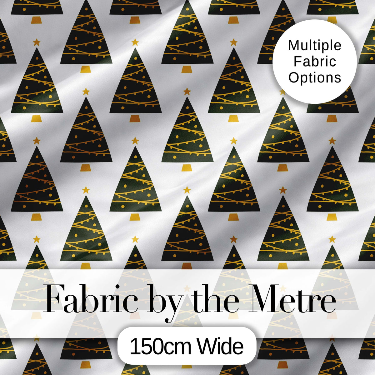 Minimal Christmas Trees Gold Garland White Background Seamless Pattern Digital Print Fabric by the Metre UK Sewing Quilting Textile