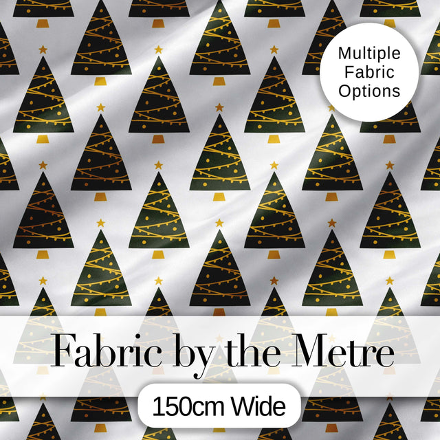 Minimal Christmas Trees Gold Garland White Background Seamless Pattern Digital Print Fabric by the Metre UK Sewing Quilting Textile
