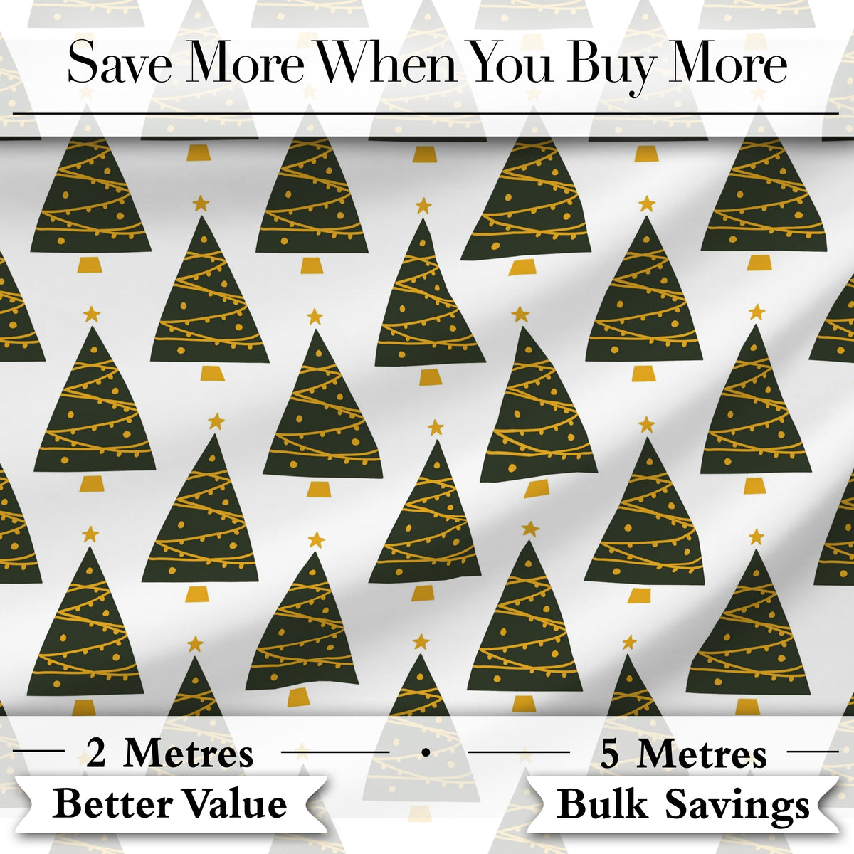 Minimal Christmas Trees Gold Garland White Background Seamless Pattern Digital Print Fabric by the Metre UK Sewing Quilting Textile