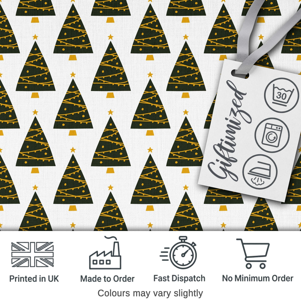Minimal Christmas Trees Gold Garland White Background Seamless Pattern Digital Print Fabric by the Metre UK Sewing Quilting Textile
