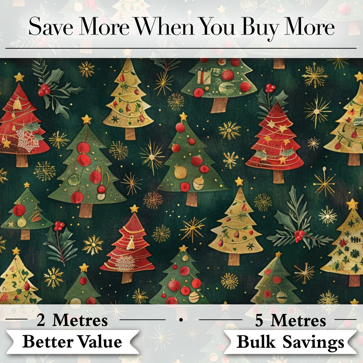Vintage Christmas Trees Dark Green Gold Stars Holiday Seamless Pattern Digital Print Fabric by the Metre UK Sewing Quilting Textile