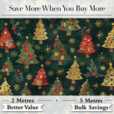 Vintage Christmas Trees Dark Green Gold Stars Holiday Seamless Pattern Digital Print Fabric by the Metre UK Sewing Quilting Textile