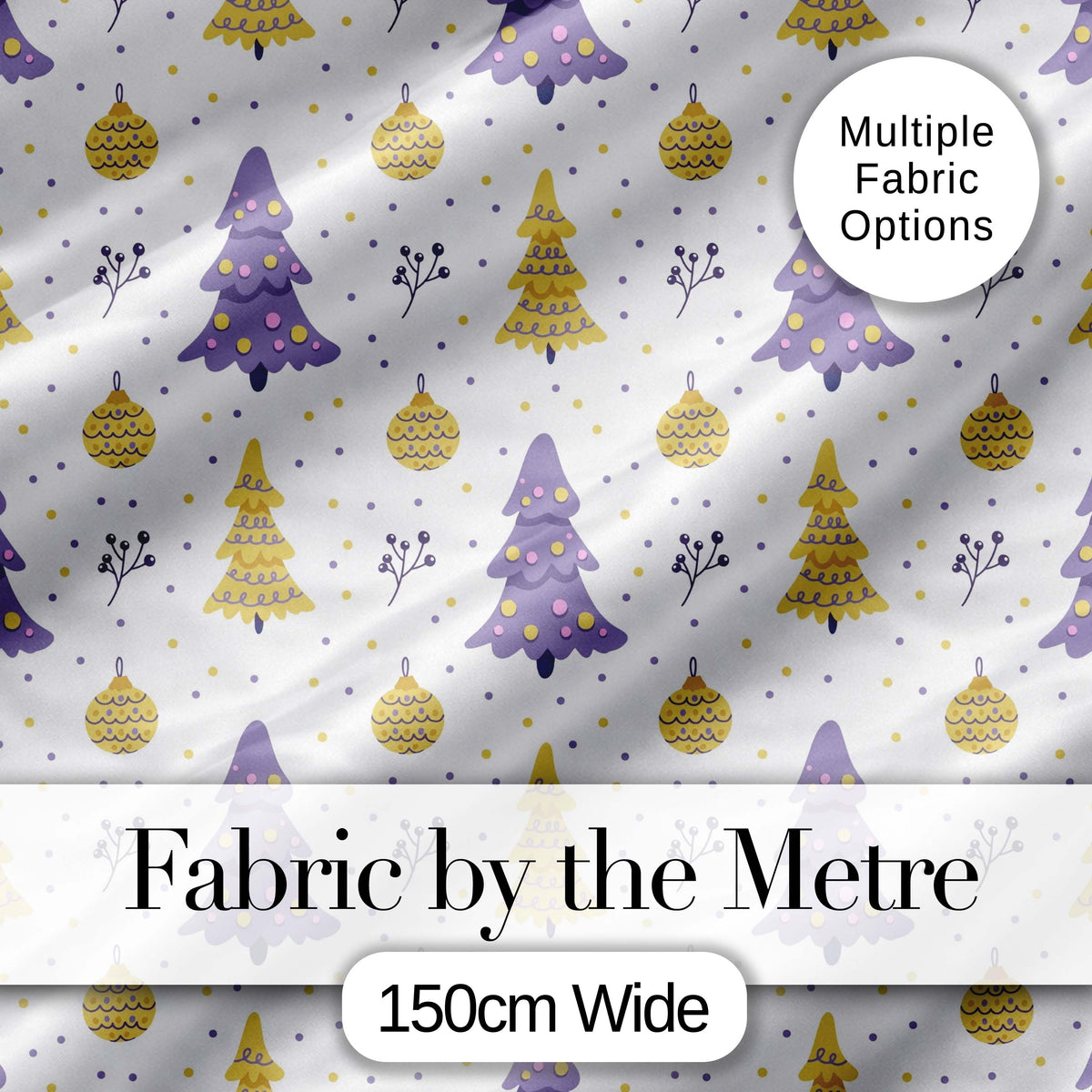 Pastel Christmas Trees Ornaments Soft Purple Yellow Seamless Pattern Digital Print Fabric by the Metre UK Sewing Quilting Textile
