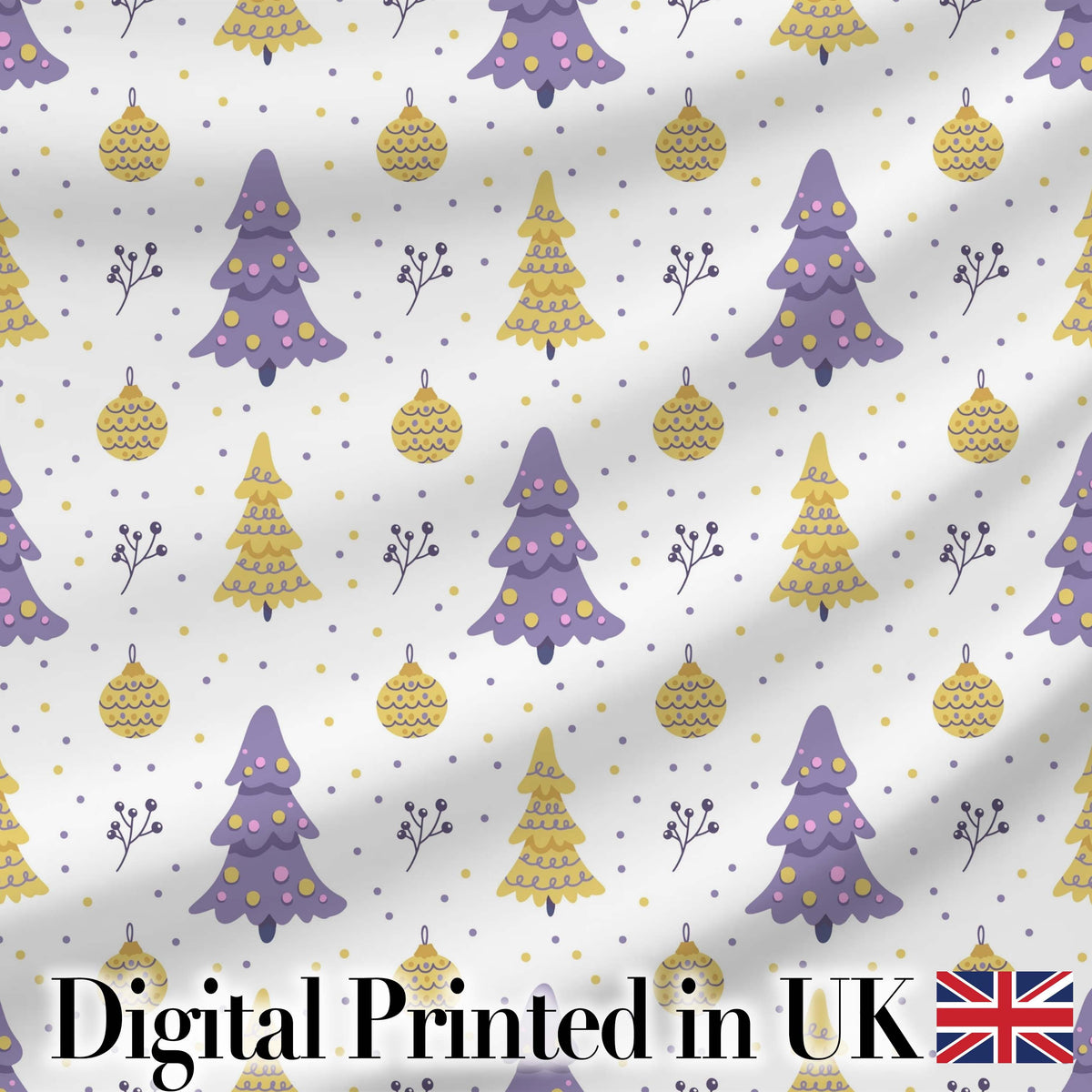 Pastel Christmas Trees Ornaments Soft Purple Yellow Seamless Pattern Digital Print Fabric by the Metre UK Sewing Quilting Textile