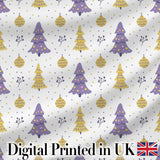 Pastel Christmas Trees Ornaments Soft Purple Yellow Seamless Pattern Digital Print Fabric by the Metre UK Sewing Quilting Textile