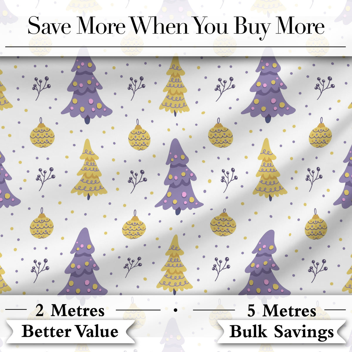 Pastel Christmas Trees Ornaments Soft Purple Yellow Seamless Pattern Digital Print Fabric by the Metre UK Sewing Quilting Textile