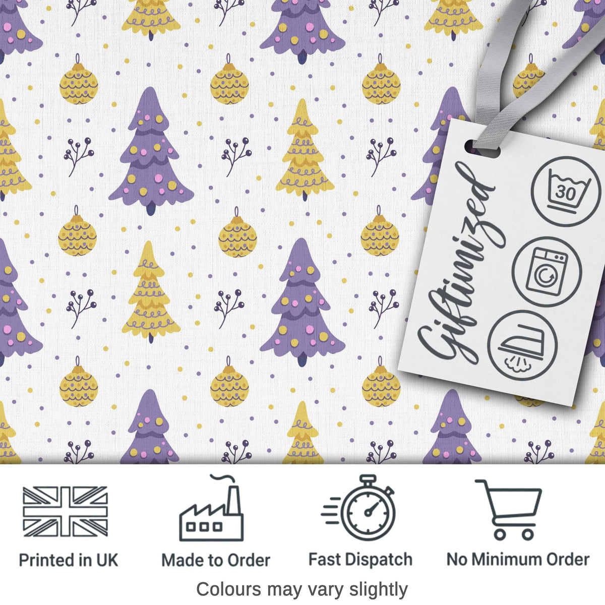 Pastel Christmas Trees Ornaments Soft Purple Yellow Seamless Pattern Digital Print Fabric by the Metre UK Sewing Quilting Textile