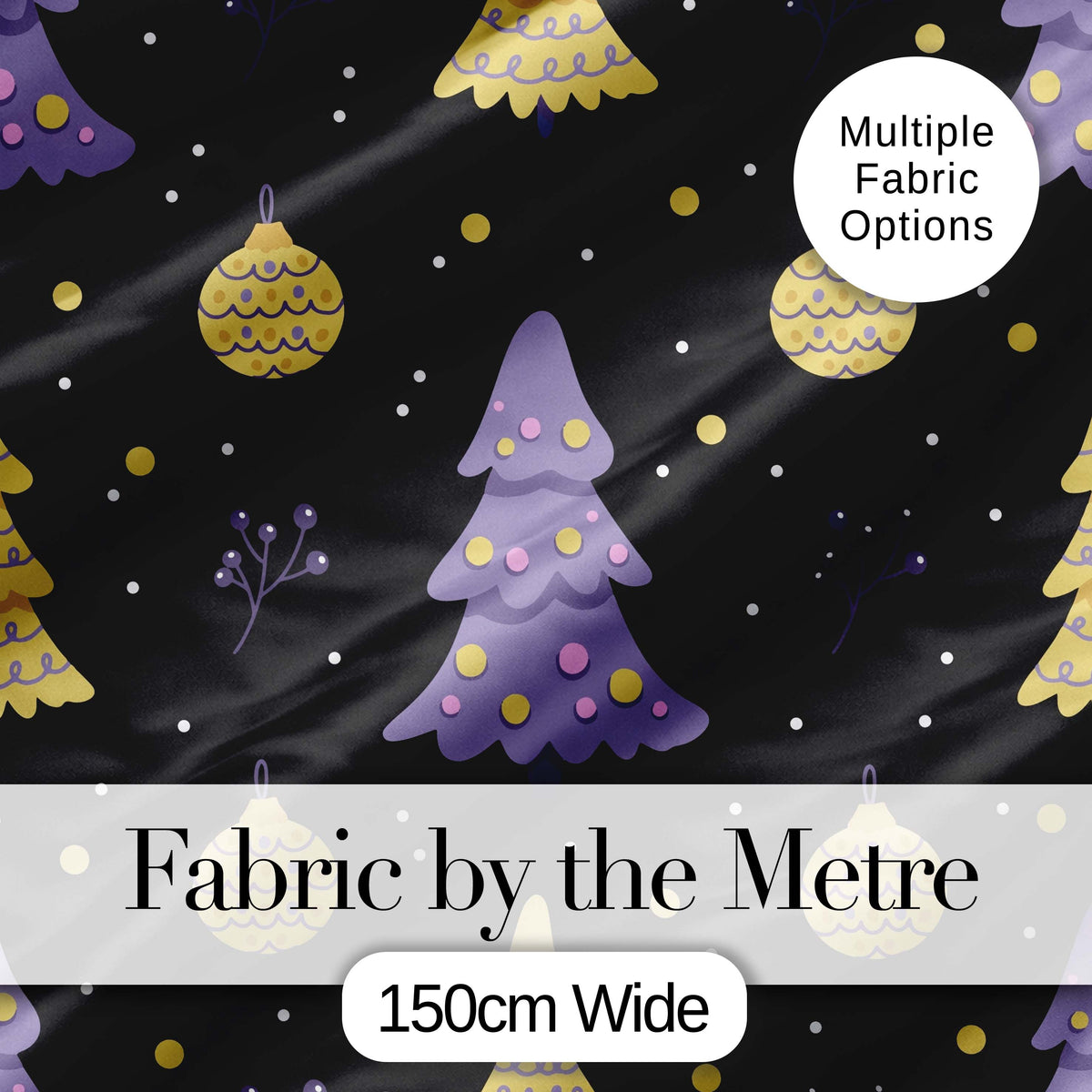 Minimal Christmas Tree Ornaments Purple Black Seamless Pattern Digital Print Fabric by the Metre UK Sewing Quilting Textile