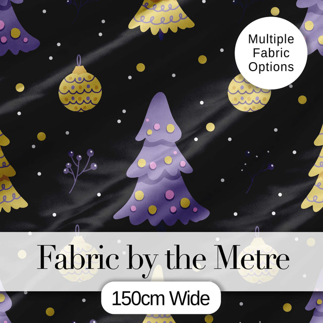 Minimal Christmas Tree Ornaments Purple Black Seamless Pattern Digital Print Fabric by the Metre UK Sewing Quilting Textile