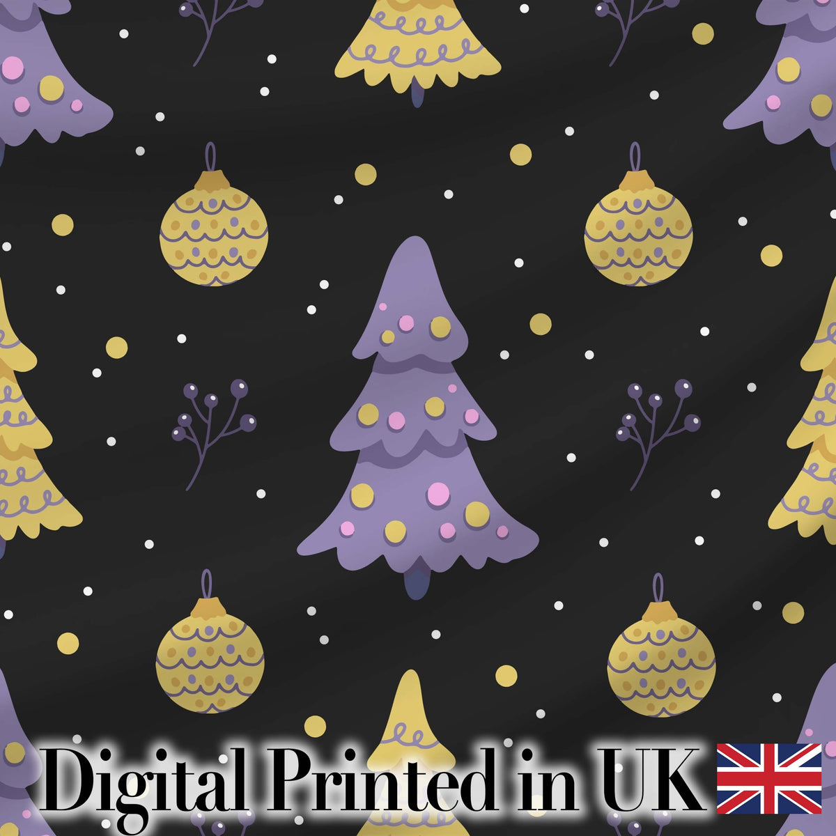 Minimal Christmas Tree Ornaments Purple Black Seamless Pattern Digital Print Fabric by the Metre UK Sewing Quilting Textile