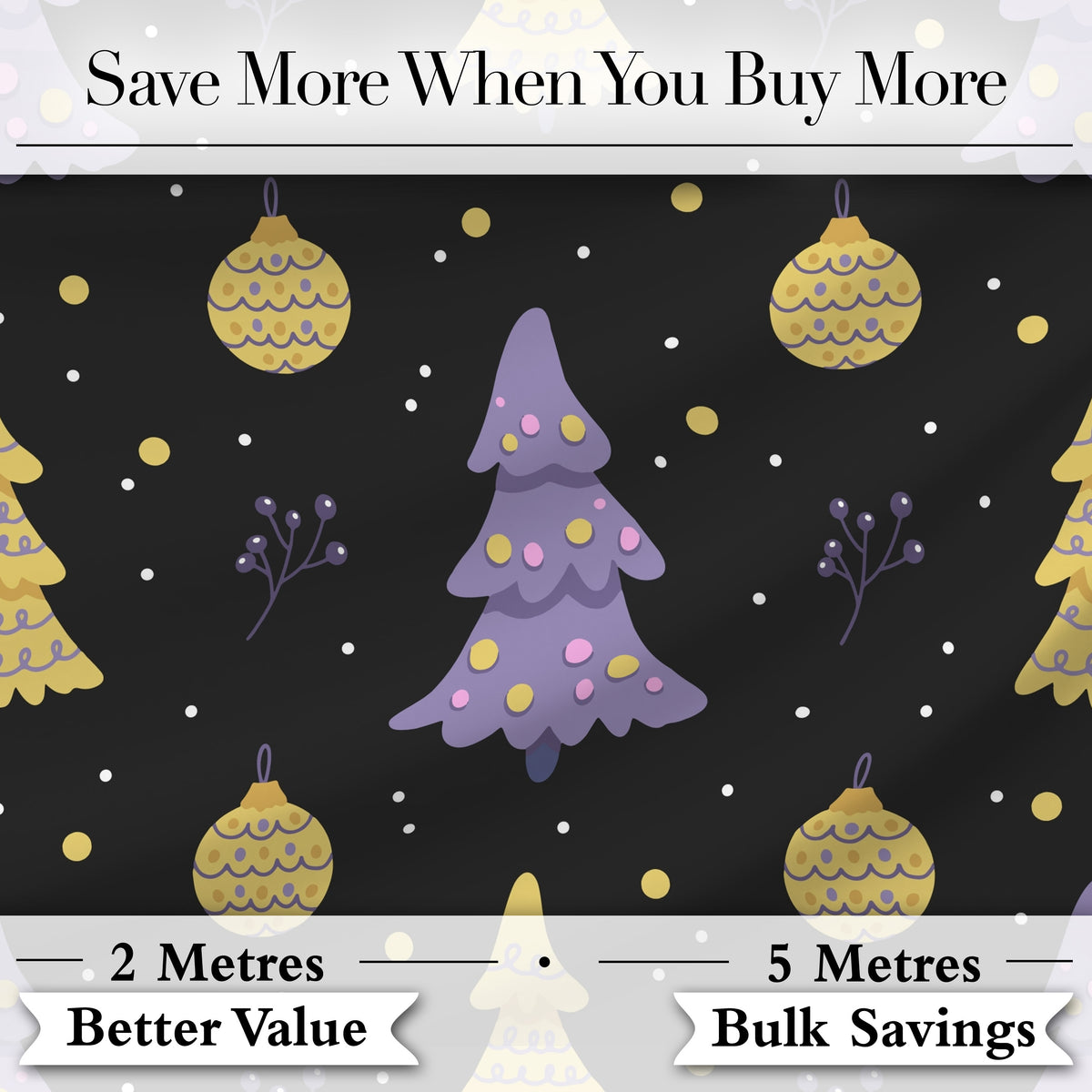 Minimal Christmas Tree Ornaments Purple Black Seamless Pattern Digital Print Fabric by the Metre UK Sewing Quilting Textile