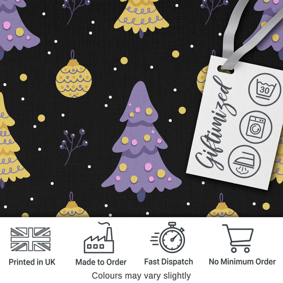 Minimal Christmas Tree Ornaments Purple Black Seamless Pattern Digital Print Fabric by the Metre UK Sewing Quilting Textile