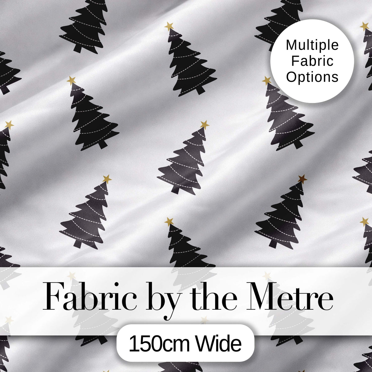 Minimal Black Christmas Trees Gold Star Seamless Pattern Digital Print Fabric by the Metre UK Sewing Quilting Textile