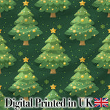 Cute Green Christmas Trees Golden Ornaments Seamless Pattern Digital Print Fabric by the Metre UK Sewing Quilting Textile