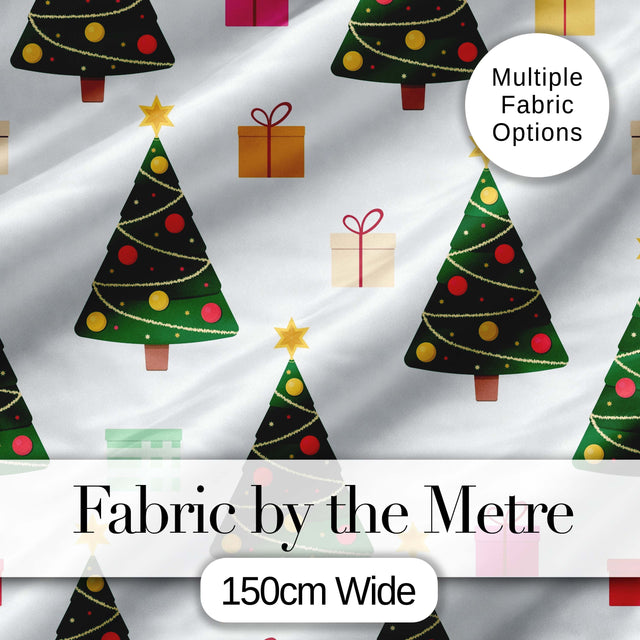 Festive Christmas Trees Gifts Holiday Seamless Pattern Digital Print Fabric by the Metre UK Sewing Quilting Textile