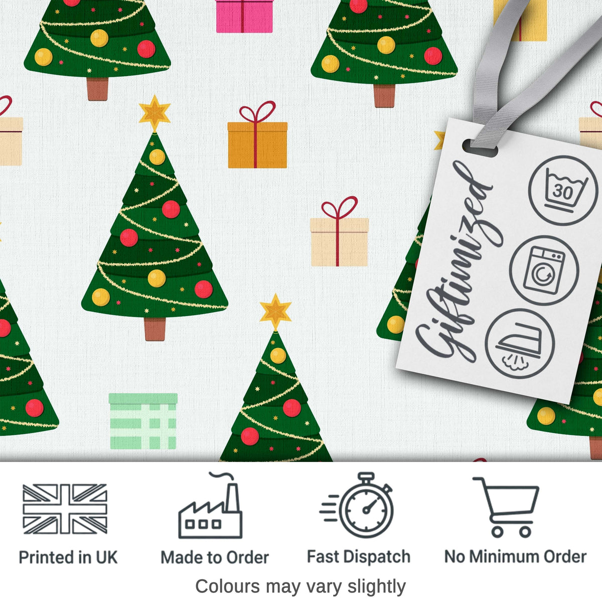 Festive Christmas Trees Gifts Holiday Seamless Pattern Digital Print Fabric by the Metre UK Sewing Quilting Textile