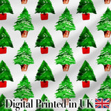 Watercolor Christmas Trees in Pots Hand Painted Seamless Pattern Digital Print Fabric by the Metre UK Sewing Quilting Textile