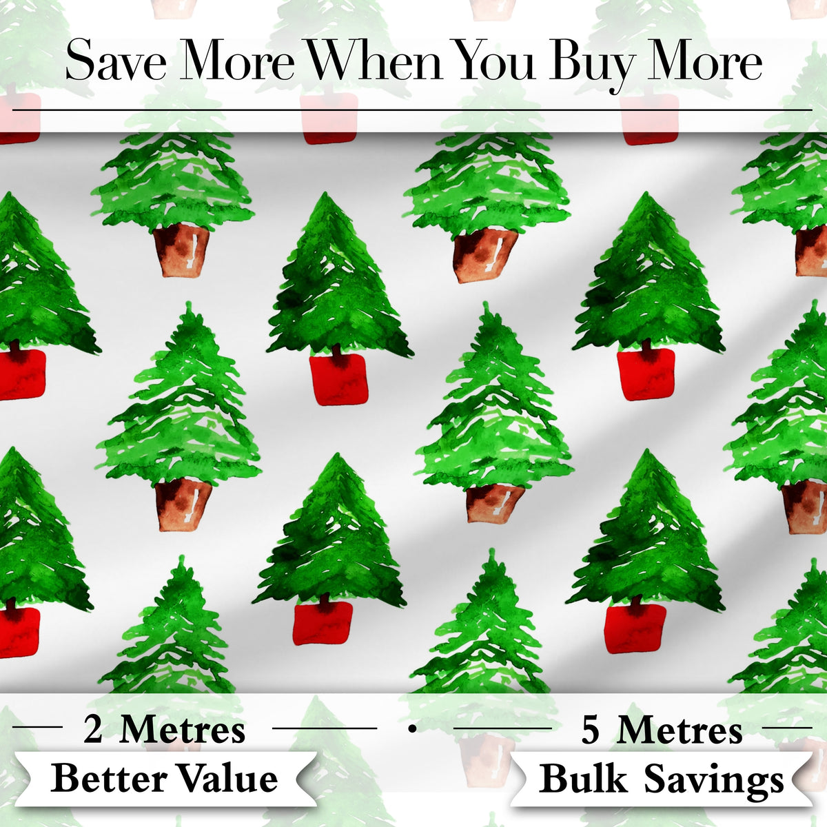 Watercolor Christmas Trees in Pots Hand Painted Seamless Pattern Digital Print Fabric by the Metre UK Sewing Quilting Textile