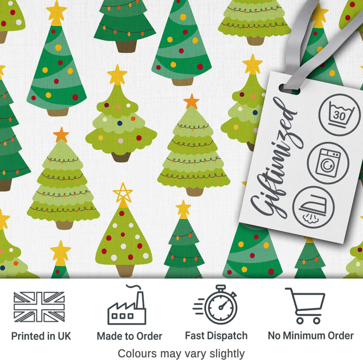 Cute Mixed Christmas Trees Colorful Festive Seamless Pattern Digital Print Fabric by the Metre UK Sewing Quilting Textile