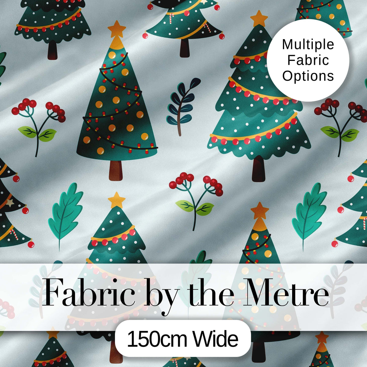 Decorated Christmas Trees Berries Winter Foliage Seamless Pattern Digital Print Fabric by the Metre UK Sewing Quilting Textile