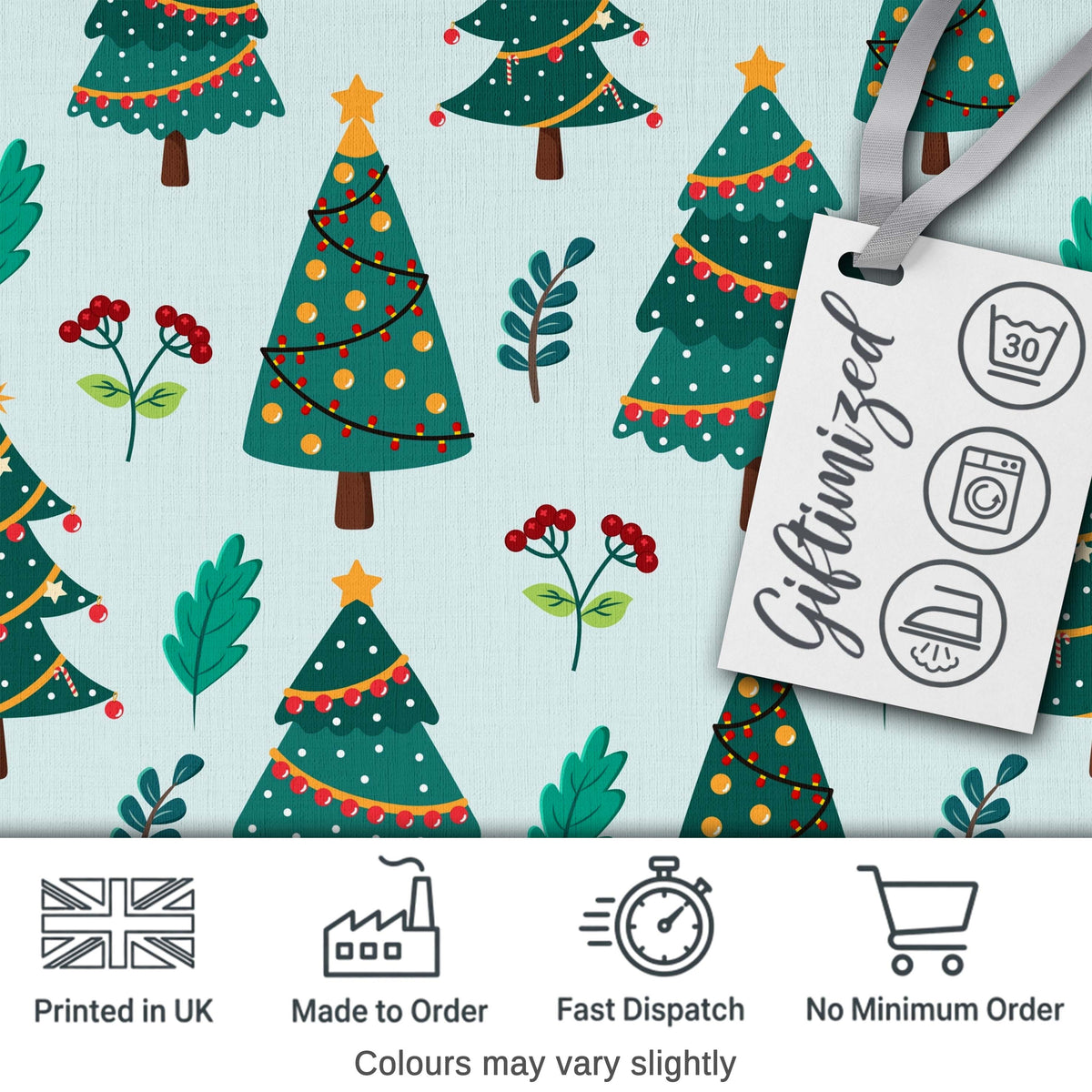 Decorated Christmas Trees Berries Winter Foliage Seamless Pattern Digital Print Fabric by the Metre UK Sewing Quilting Textile