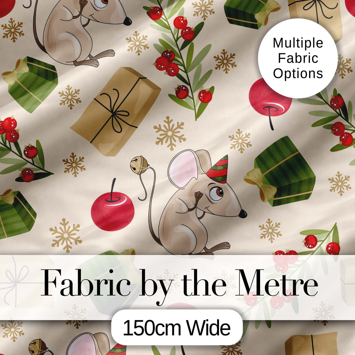 Cute Christmas Mouse with Gifts Berries and Snowflakes Seamless Pattern Digital Print Fabric by the Metre UK Sewing Quilting Textile