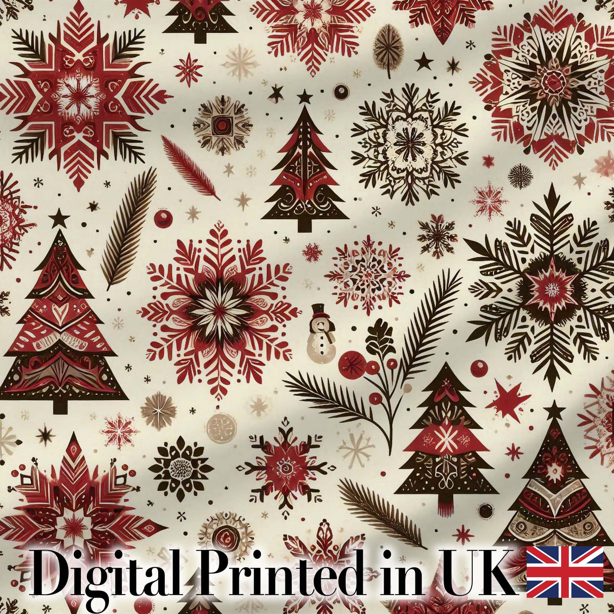 Vintage Red Black Snowflakes and Christmas Trees Seamless Pattern Digital Print Fabric by the Metre UK Sewing Quilting Textile